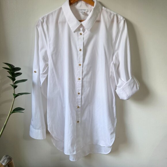 EUC CALVIN KLEIN WHITE WITH GOLD BUTTONS BUTTON DOWN SHIRT SIZE LARGE WOMEN - Picture 1 of 13